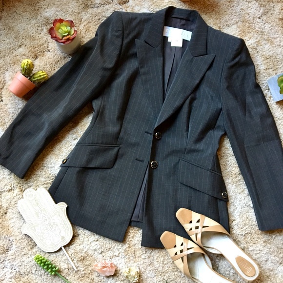 {Escada} Wool & Mohair Dark Grey Pinstripe Blazer - Picture 7 of 8
